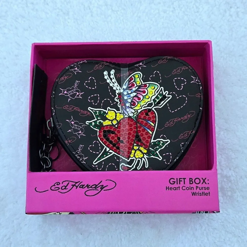 Ed Hardy Double✌️ Red❤️ Rhinestone💎 Hearts❤ Zip Around Coin🪙 Purse - NIB